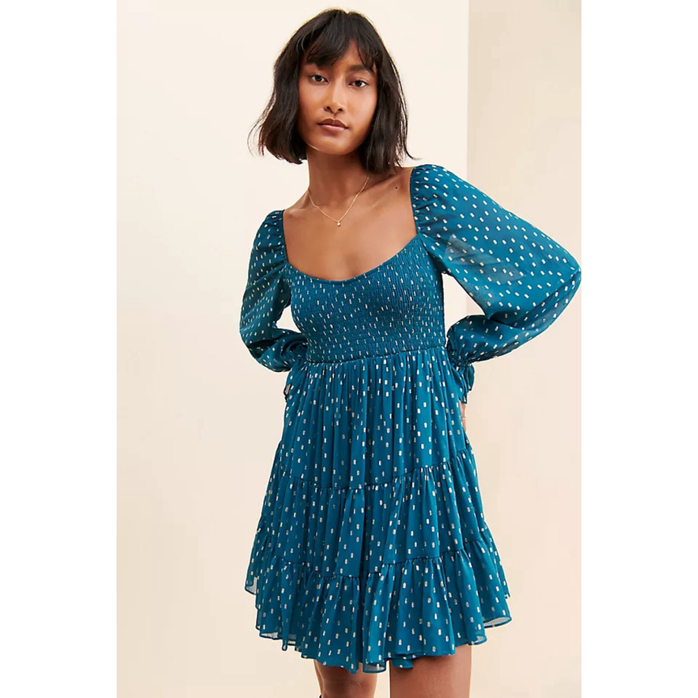 Anthropologie g.p.d. Teal BABYDOLL MINI DRESS Gold SEMI FORMAL Tiered WOMENS L